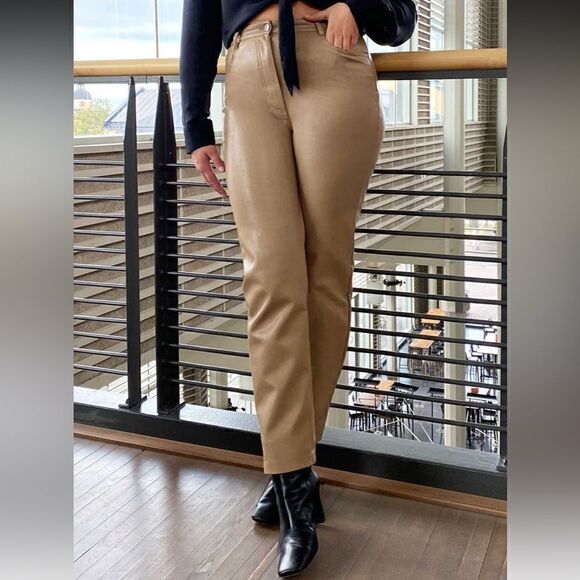 Aritzia Wilfred The Melina Faux Leather Tan Pants Straight Leg Size 4 - Picture 6 of 12